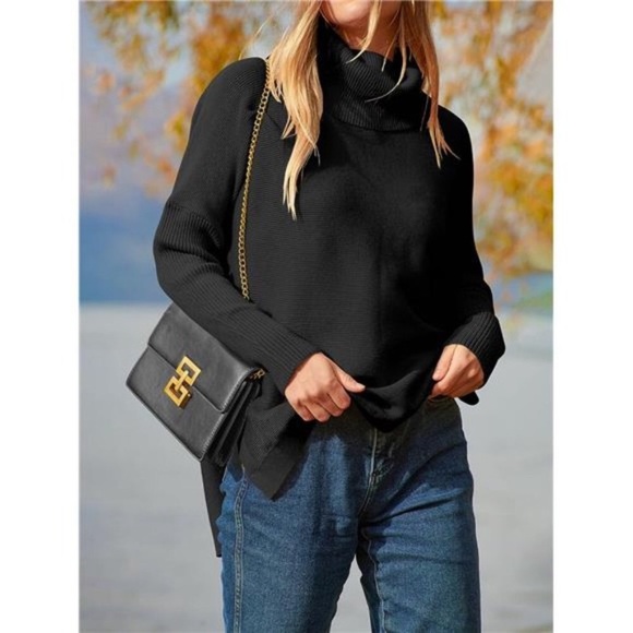 Turtleneck Oversized Batwing Sleeve Spilt Hem Knit Tunic Sweater For Women - Picture 6 of 7